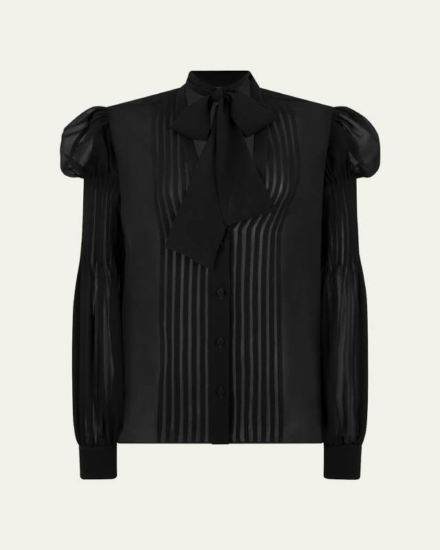 Semi-Sheer Silk Blouse with Tie Neck